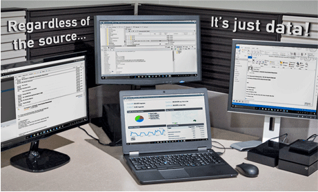 Four computer screens displaying screens of information with the phrase "Regardless of the source... it's just data!" written around them. REW Computing offers eDiscovery support for Newmarket, Toronto, the GTA, and Ontario, Canada.